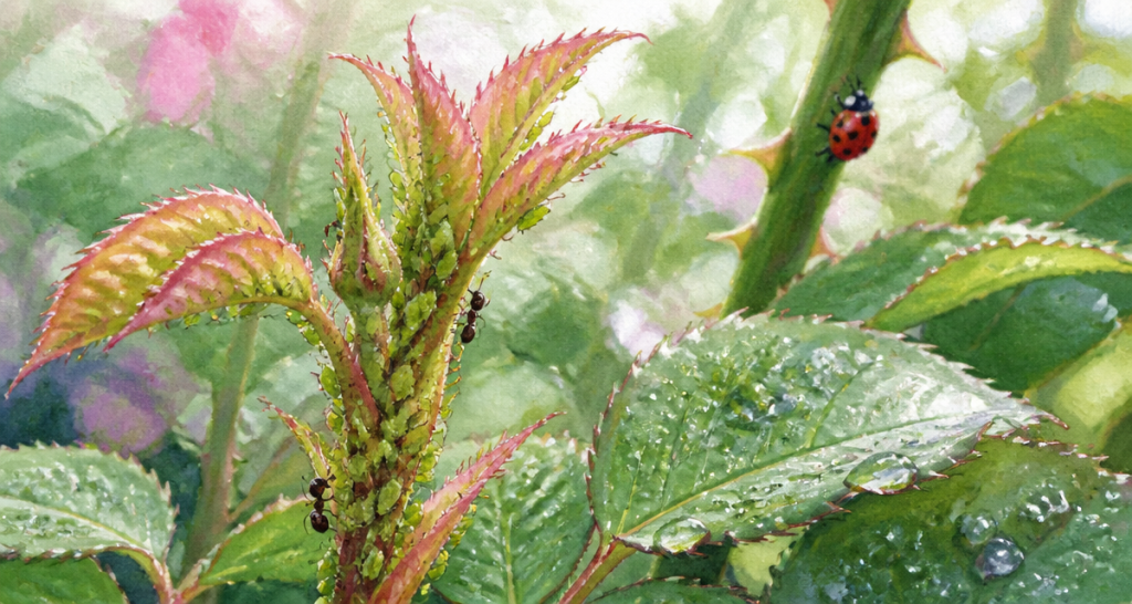 Pucerons verts rosiers et coccinelle sur feuille