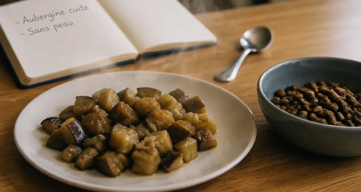 Aubergine chien cuite, épluchée et sans peau, pour éliminer la solanine