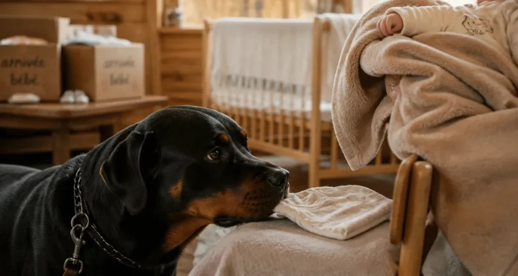 Bebes rottweiler : bébé près d’un Rottweiler en laisse