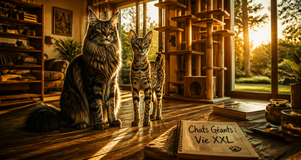 chat geant Maine Coon et Savannah dans salon