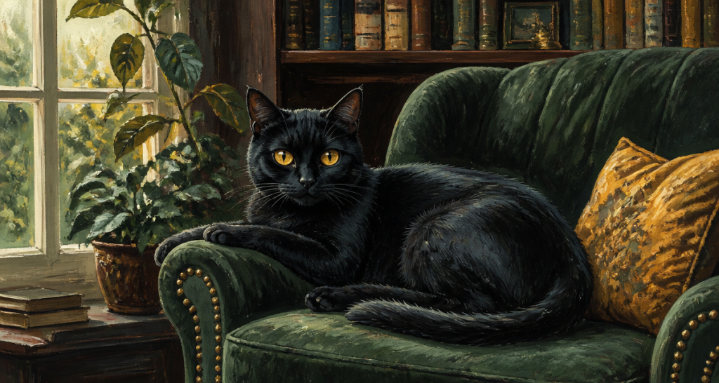 chat noir caractère sur fauteuil velours