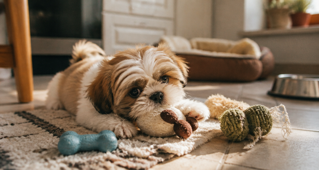 chiot shih tzu sur tapis avec jouets