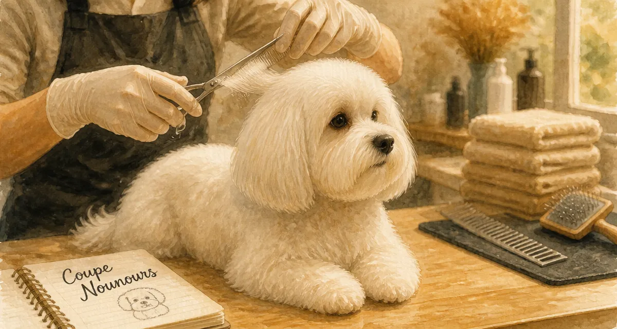 Coton de Tulear en coupe nounours en toilettage, atelier