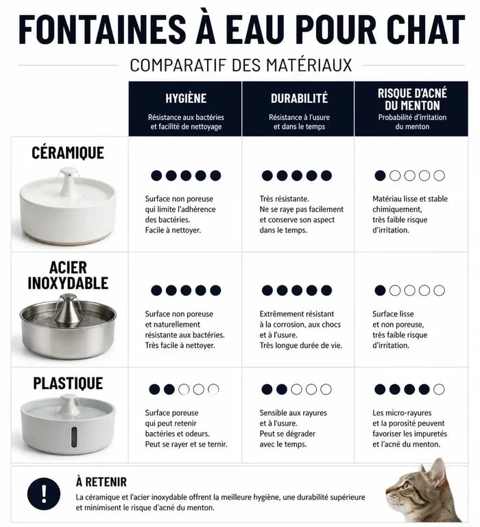 Comparatif des matériaux de fontaines à eau pour chat selon les recommandations vétérinaires : céramique, inox et plastique