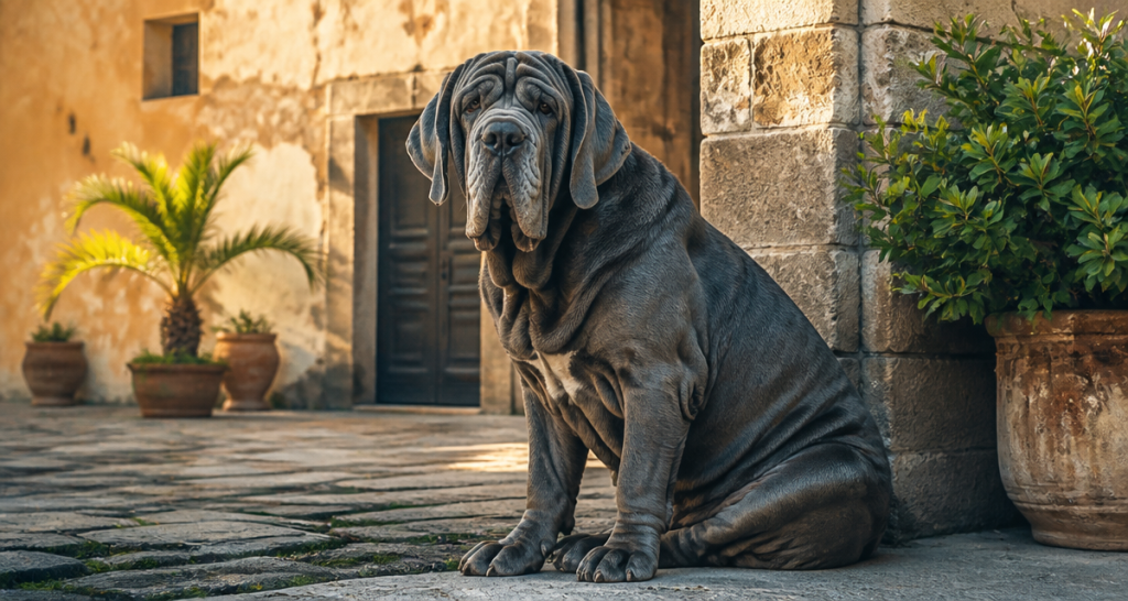 matin de naple chien assis porche pierre