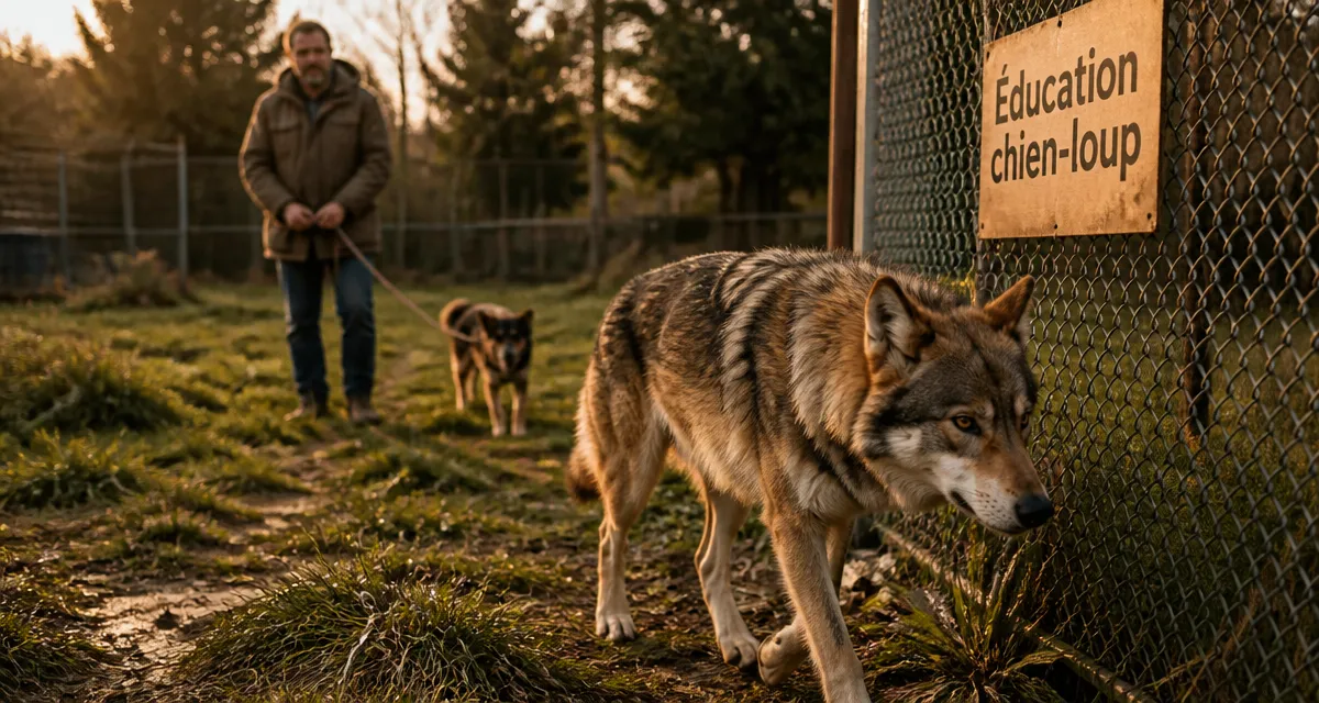 Race chien loup : chien-loup Tchécoslovaquie ou Saarloos près d’une clôture
