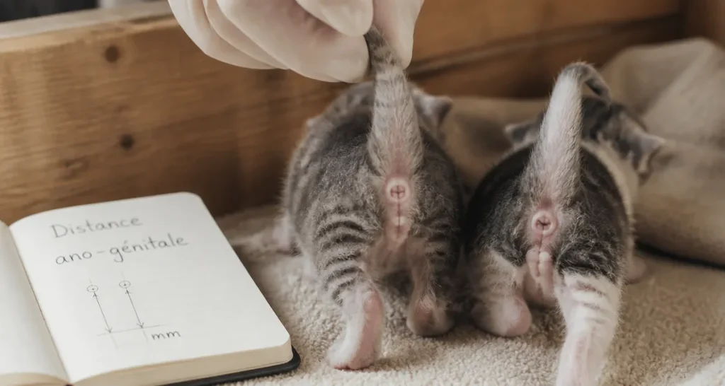 Sexage chatons : mesure de la distance ano-génitale sur deux chatons