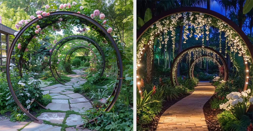 moon gate trellis arbor in the day and at night