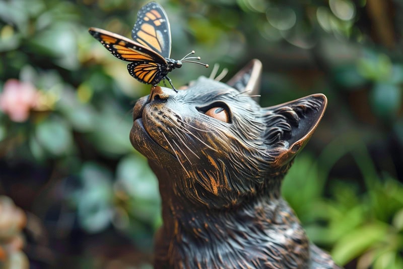 statue of a cat with a butterfly on his nose