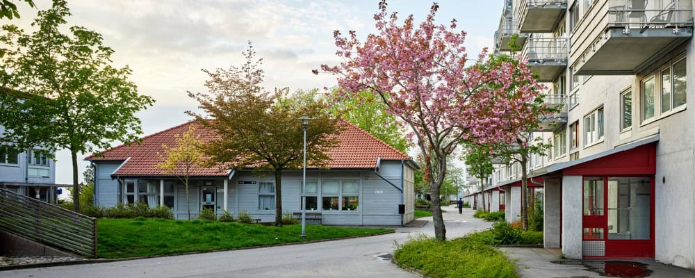 Vy över en gård i östra Gårdsten med entréer och gårdshus