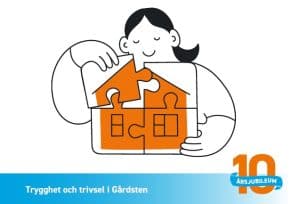 Illustration på person som pusslar ihop ett hus samt symbol för 10 årsjubileum