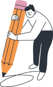Illustration med en person som håller en jättestor penna