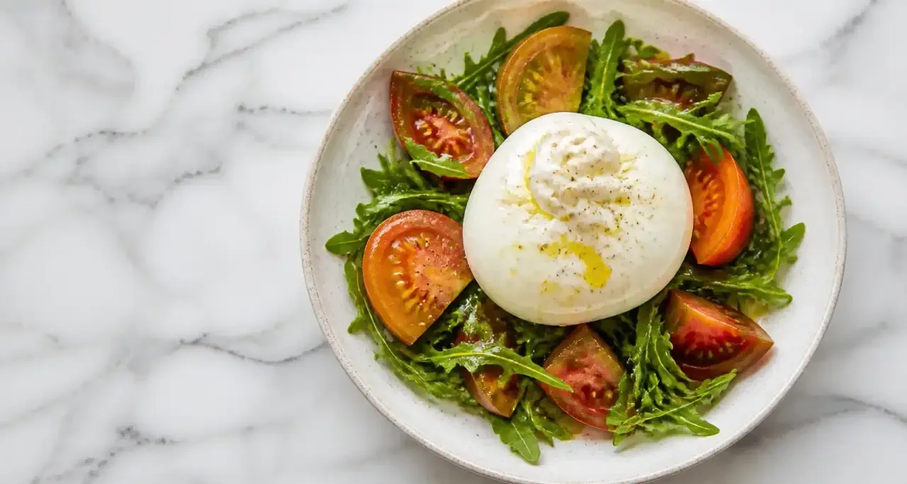 Burrata cremeuse, roquette et tomates arrosees d'huile d'olive, vue de dessus