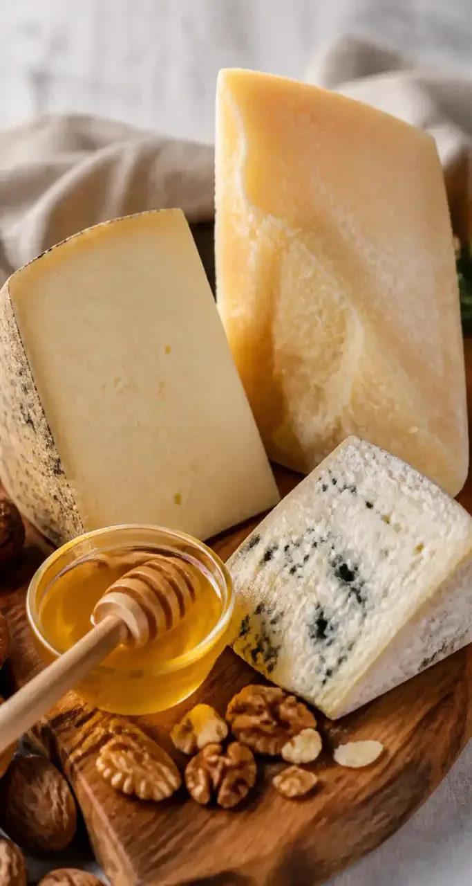 Fromages italiens affines, pecorino et gorgonzola, sur une planche en bois