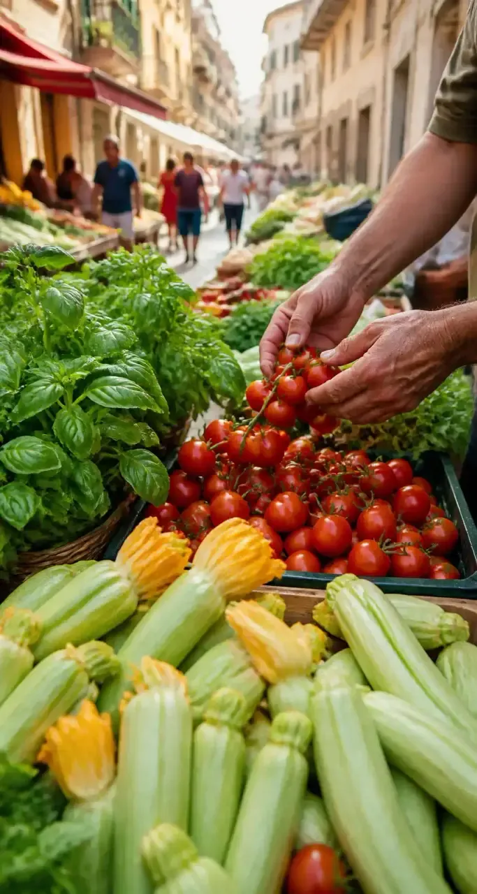 Etal de marche de street food et produits du terroir en Italie