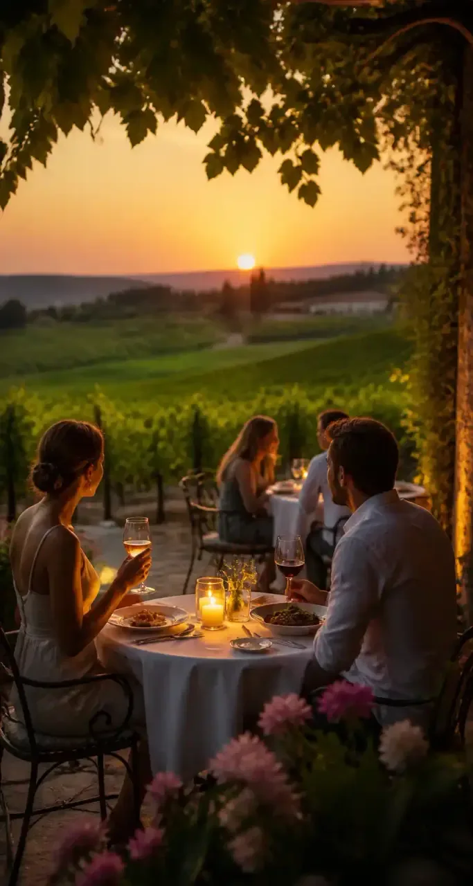 Terrasse de restaurant gastronomique au coucher du soleil