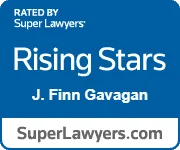 Super Lawyers Rising Stars badge for J. Finn Gavagan, a personal injury attorney in Boston, MA, recognized in Massachusetts Rising Stars list for 2020, 2021, 2022, 2023, and 2024, an honor awarded to only 2.5% of lawyers in the state.