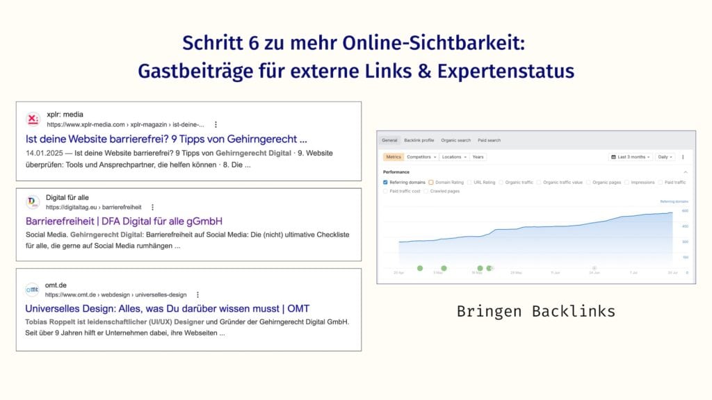 Screenshot der Google-Suche von Gastbeiträgen, die die Gehirngerecht schon geschrieben hat und Backlinks.