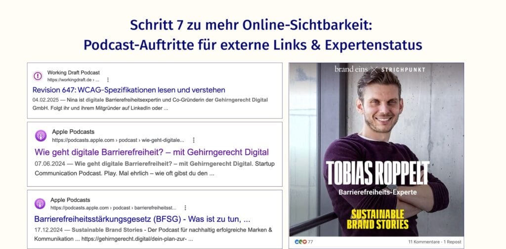 Screenshots von Podcast an denen Tobias Roppelt teilgenommen hat für mehr Online-Sichtbarkeit.