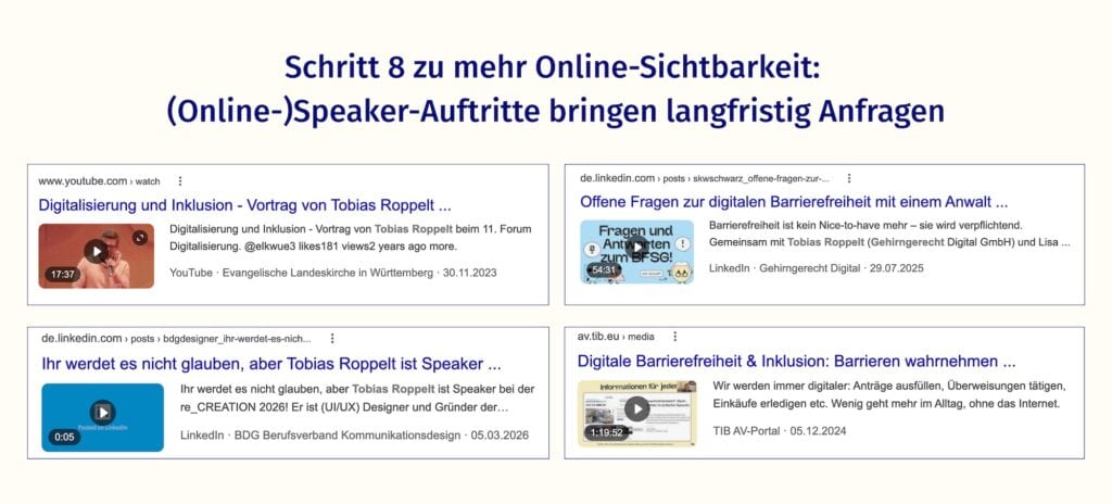 Screenshot von Speaker-Auftritten, an denen Gehirngerecht schon teilgenommen hat, um mehr Reichweite zu generieren.