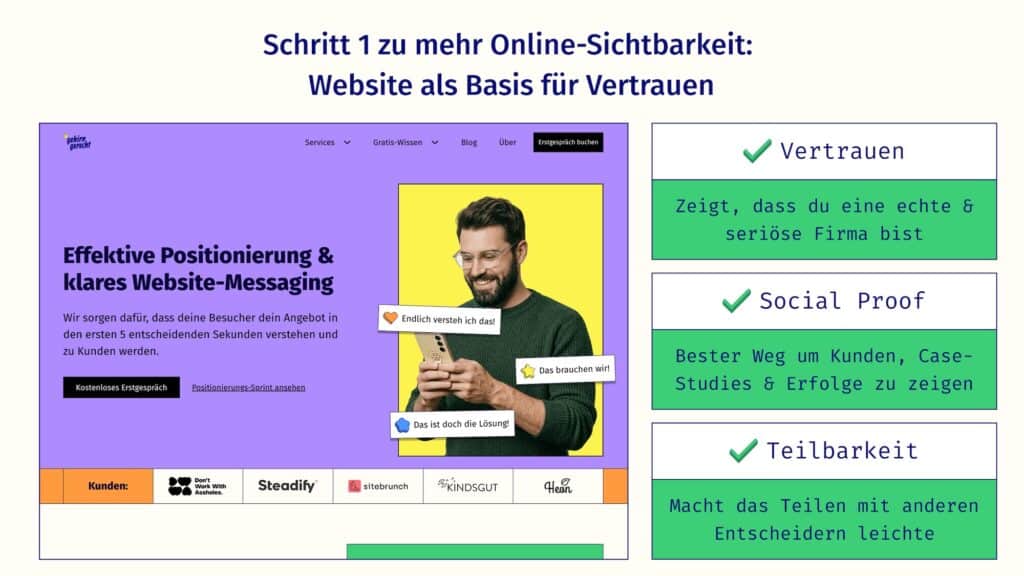 Screenshot der Website von Gehirngerecht positionieren. Die Website ist Basis für das Vertrauen.