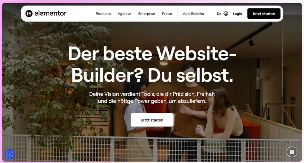 Screenshot der Startseite von Elementor.