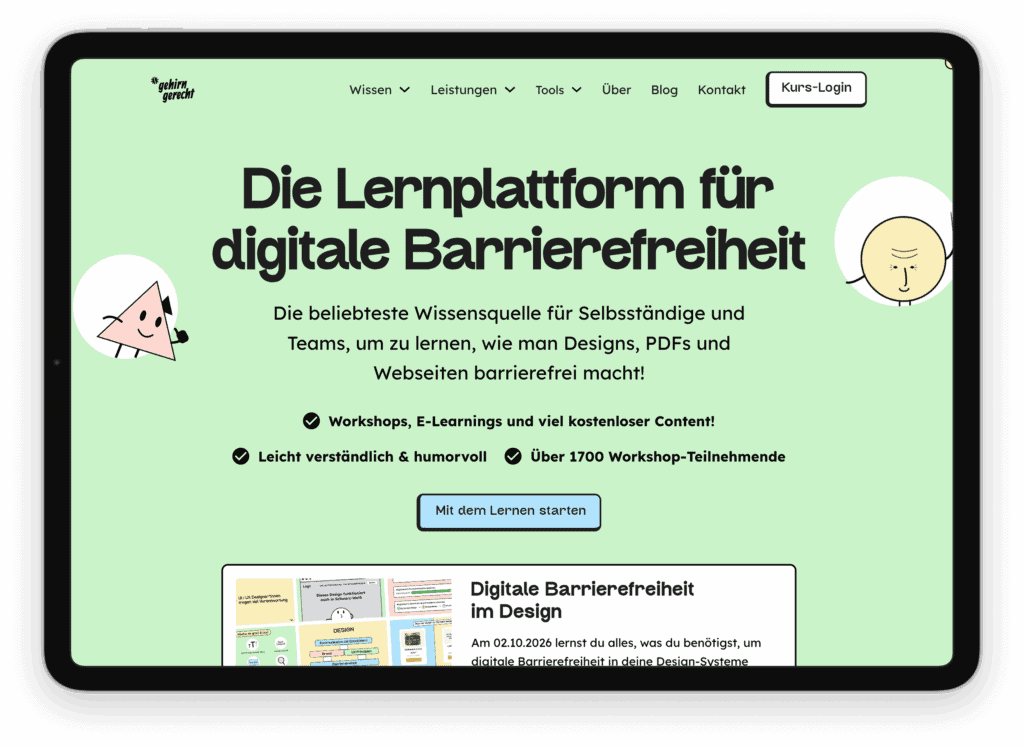 Neuromarketing-Beispiel der Startseite von Gehirngerecht, die Verspieltheit ausstrahlen.