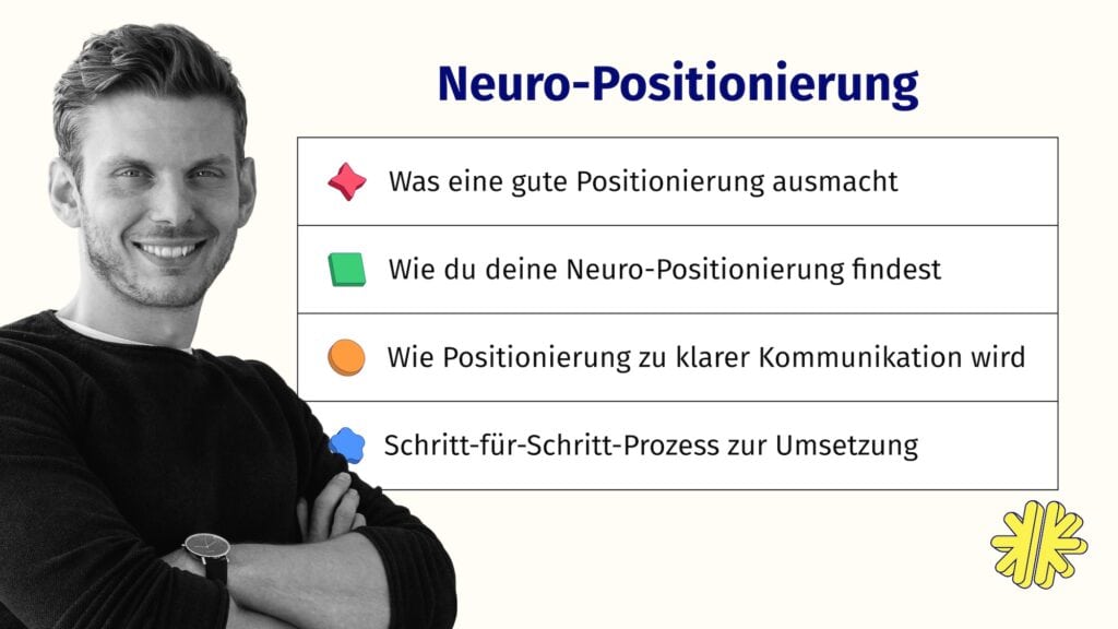 Positionierungs-Experte Tobias Roppelt steht mit Armen verschränkt. Neben ihm stehen die Vorteile der Webinars