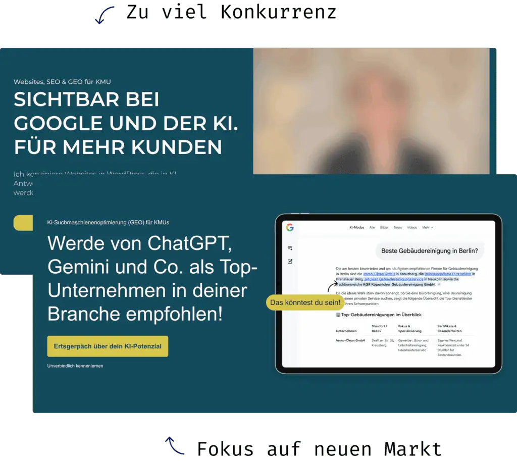 Repositionierung: Vergleich einer breit aufgestellten Webdesignerin, die sich dann auf GEO fokussiert hat.