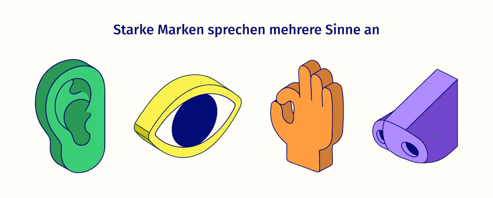 Starke Markenidentitäten sprechen alle Sinne an. Illustration von Ohr, Auge, Hand und Nase.