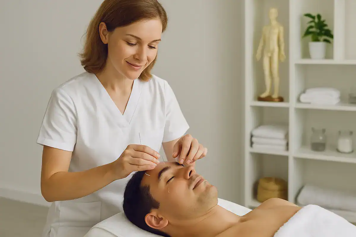 Séance d’acupuncture dans un cabinet à Carouge Genève, illustration des maladies reconnues par l’OMS
