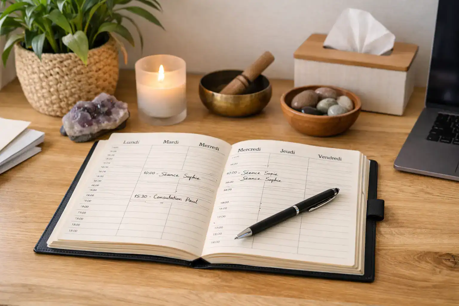 Agenda de thérapeute avec consultations planifiées pour prise de rendez-vous à Genève