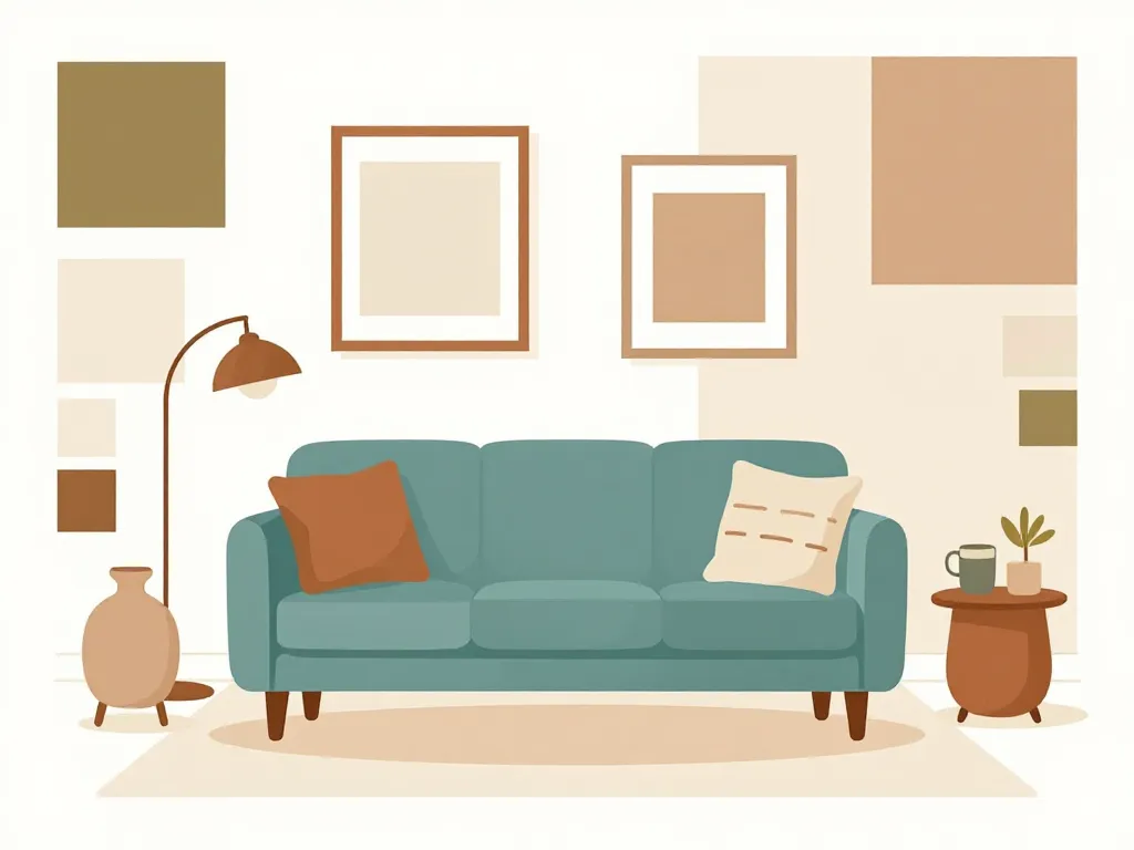 Harmonie de couleurs salon autour canapé bleu pétrole