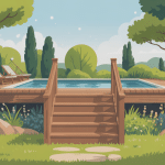 illustration escalier bois piscine hors sol au jardin