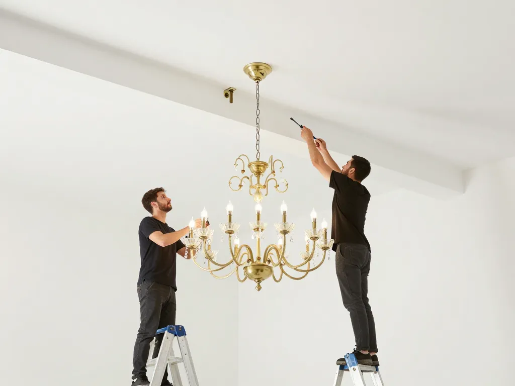 installation sécurisée lustre plafond haut sur plafond élevé