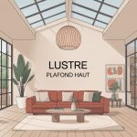 illustration lustre plafond haut élégant dans grand salon lumineux