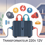 Illustration transformateur 220v 12v avec appareils maison