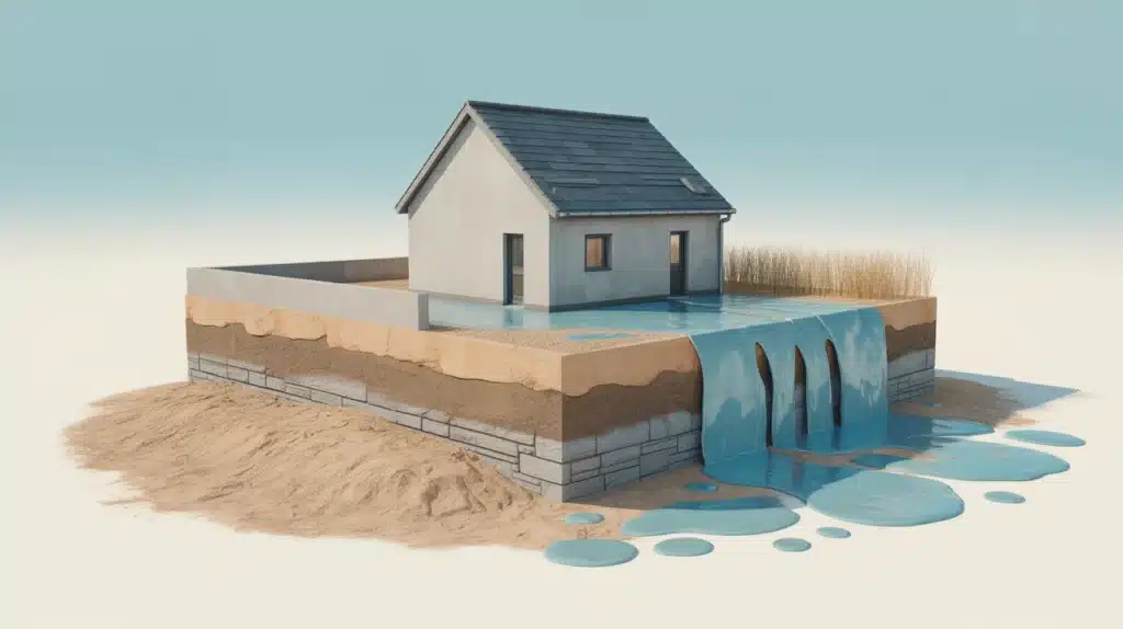 Soubassement de mur extérieur et protection anti-humidité en coupe