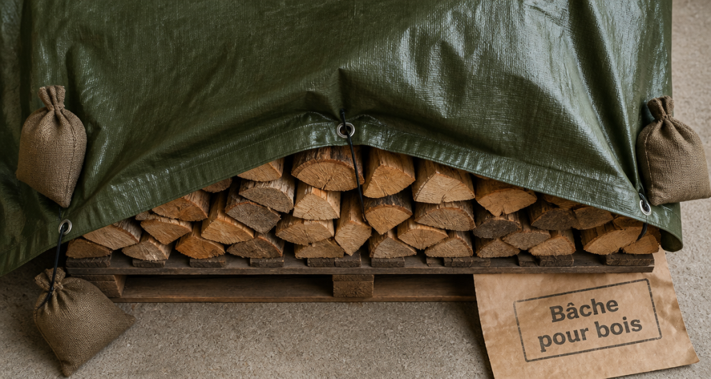 bache pour bois sur buches empilees