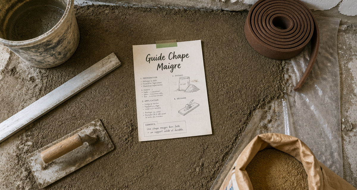 Atelier avec chape maigre, outils et dosage