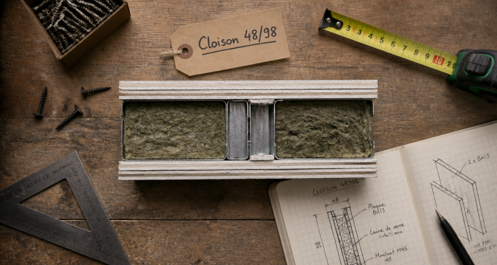 Coupe cloison 48/98 avec ossature, isolant et outils