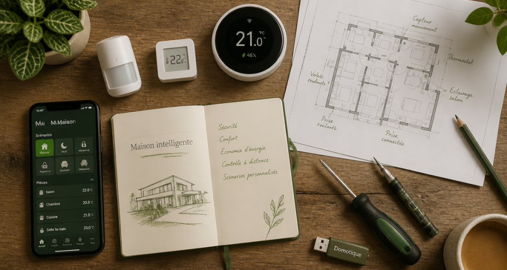 domotique définition, objets connectés sur bureau