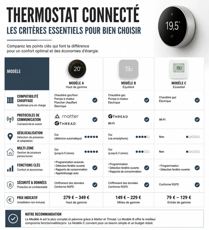 Infographie comparative des critères pour choisir le meilleur thermostat connecté en 2026