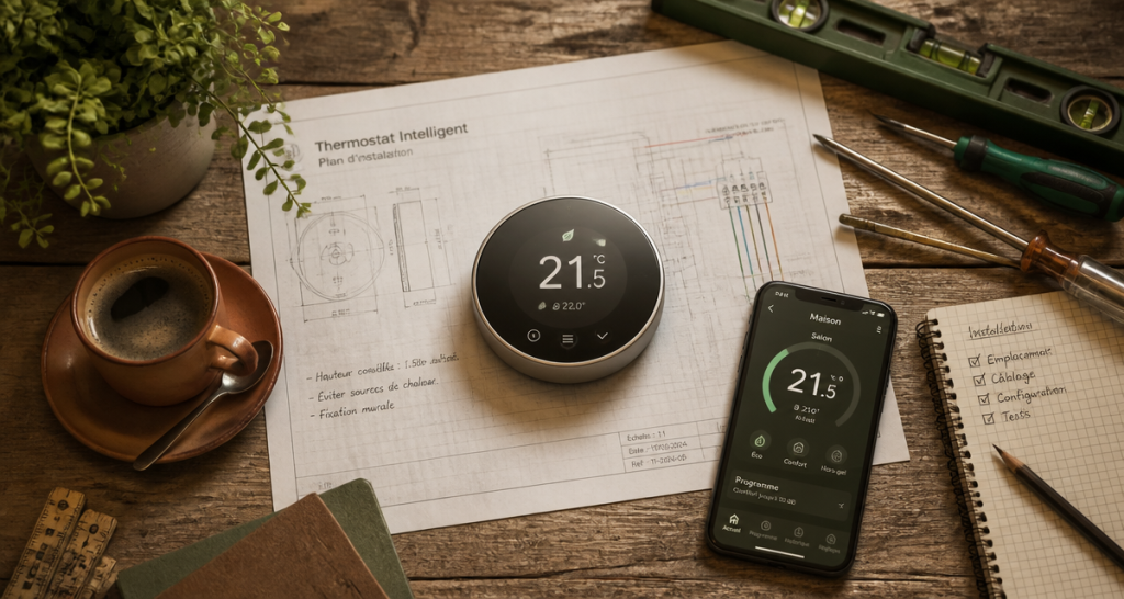 meilleur thermostat connecté sur table avec outils et smartphone