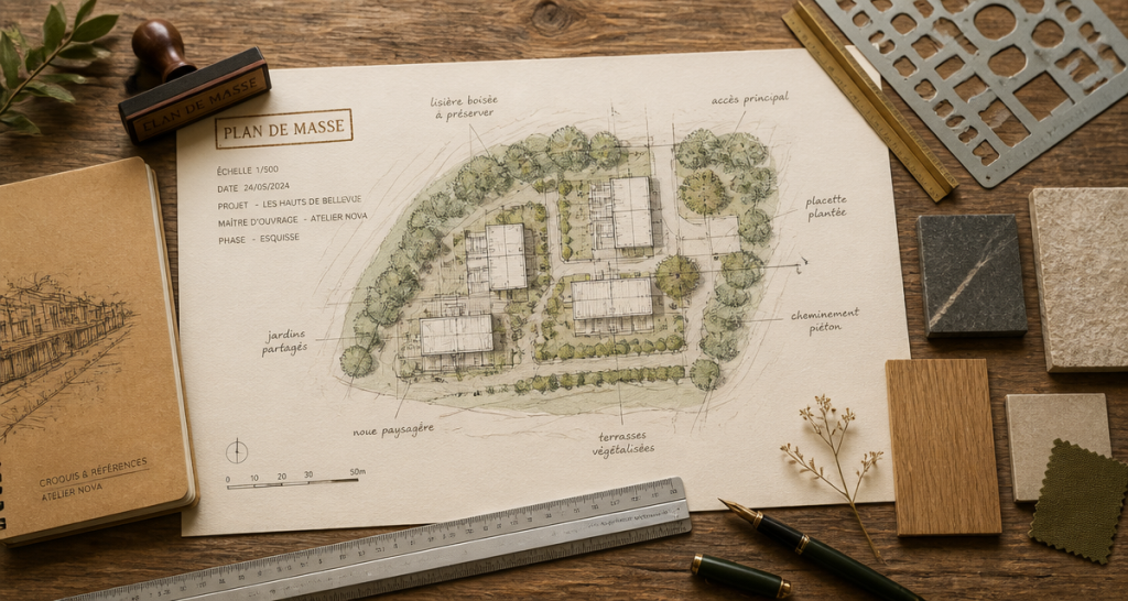 plan masse sur bureau architecte avec outils