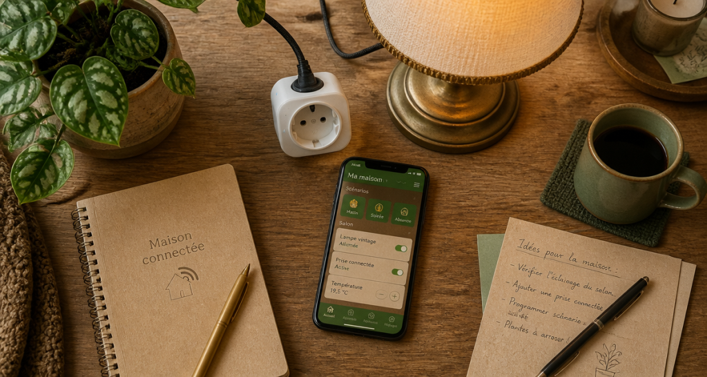 prise alexa connectée sur bureau avec lampe et smartphone