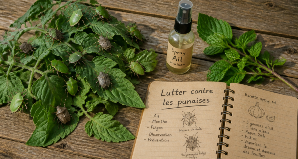 Punaise de jardin sur feuilles de tomate avec spray maison