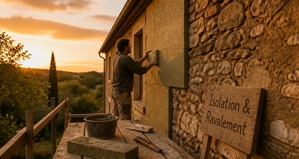 Ravalement ITE pose isolant maison pierre
