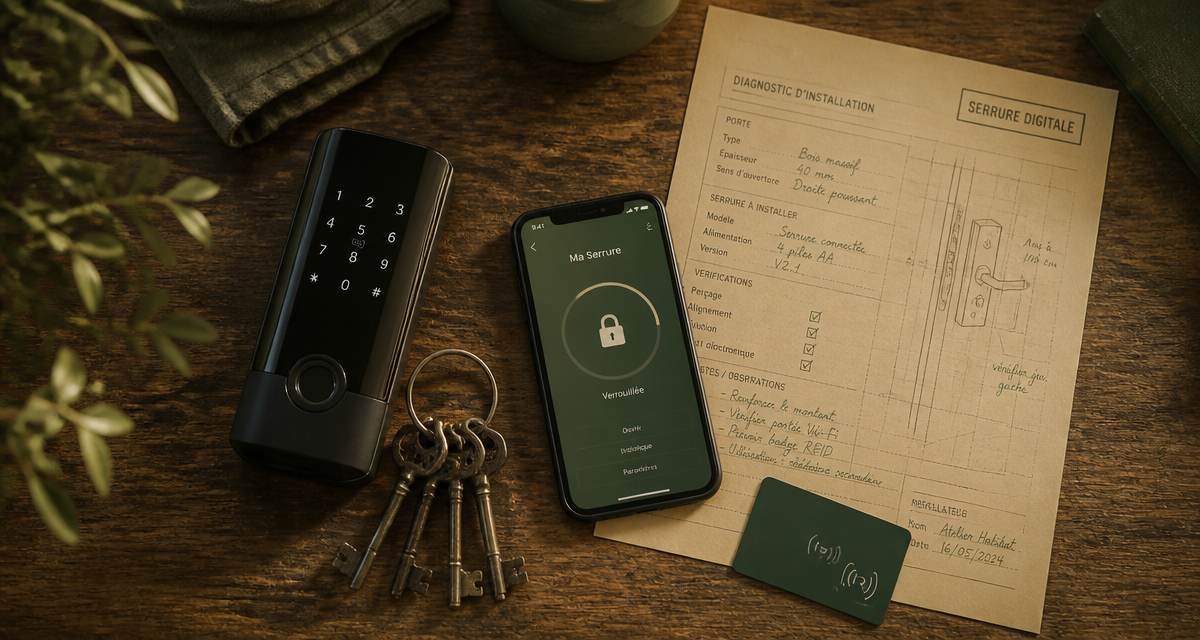 serrure digitale moderne avec clés, smartphone et badge RFID