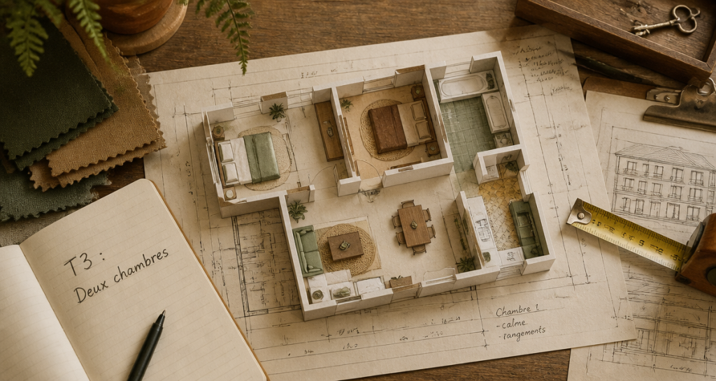 t3 combien de chambre vue maquette salon deux chambres